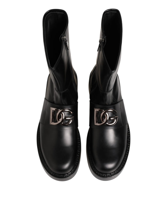Dolce & Gabbana Black Logo Plaque Mid Calf Biker Boots Shoes
