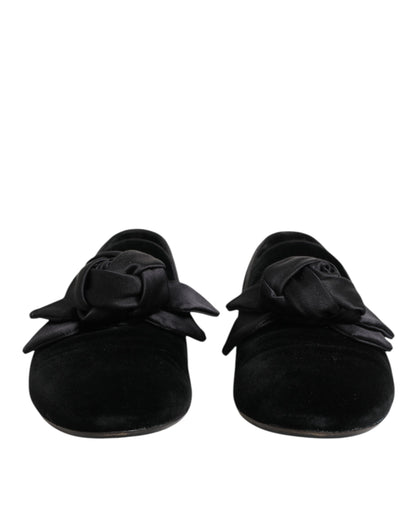 Dolce & Gabbana Black Suede Cotton Rose Slip On Loafers Shoes