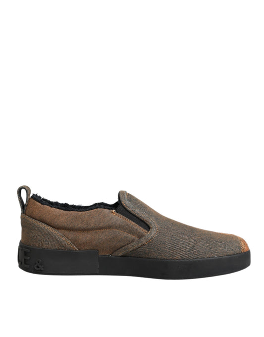 Dolce & Gabbana Brown Cotton Low Top Slip On Sneakers Shoes