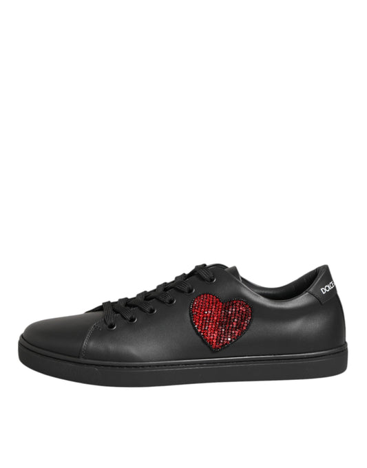 Dolce & Gabbana Black Leather Crystal Heart Sneakers  Shoes