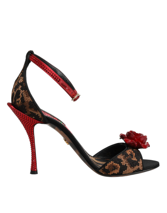 Dolce & Gabbana Brown Leopard Crystal Roses Sandals Shoes