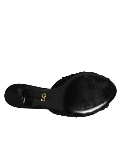 Dolce & Gabbana Black Embroidered Slip On Heels Slides Shoes
