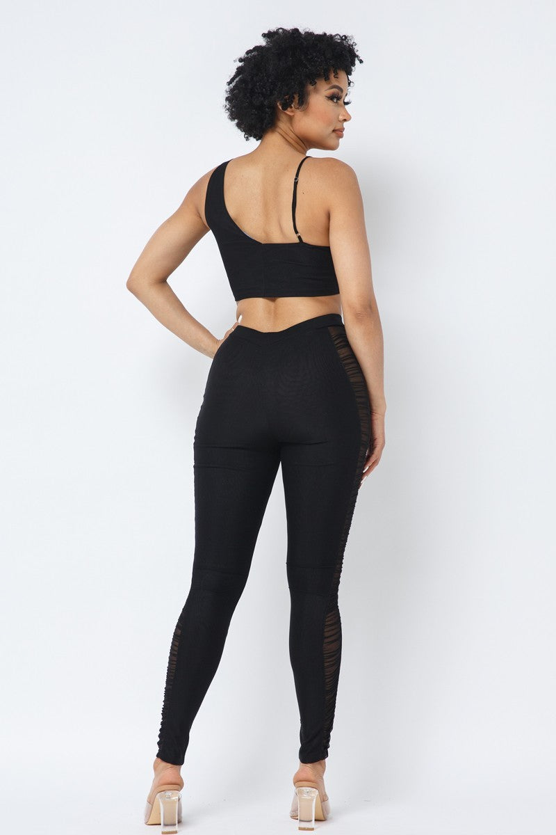 Adjustable Asymmetrical Straps Crop Top and Mesh Leggings