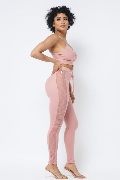 Adjustable Asymmetrical Straps Crop Top and Mesh Leggings