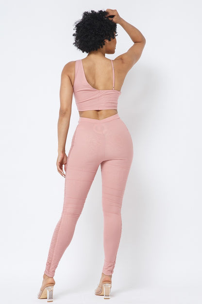 Adjustable Asymmetrical Straps Crop Top and Mesh Leggings