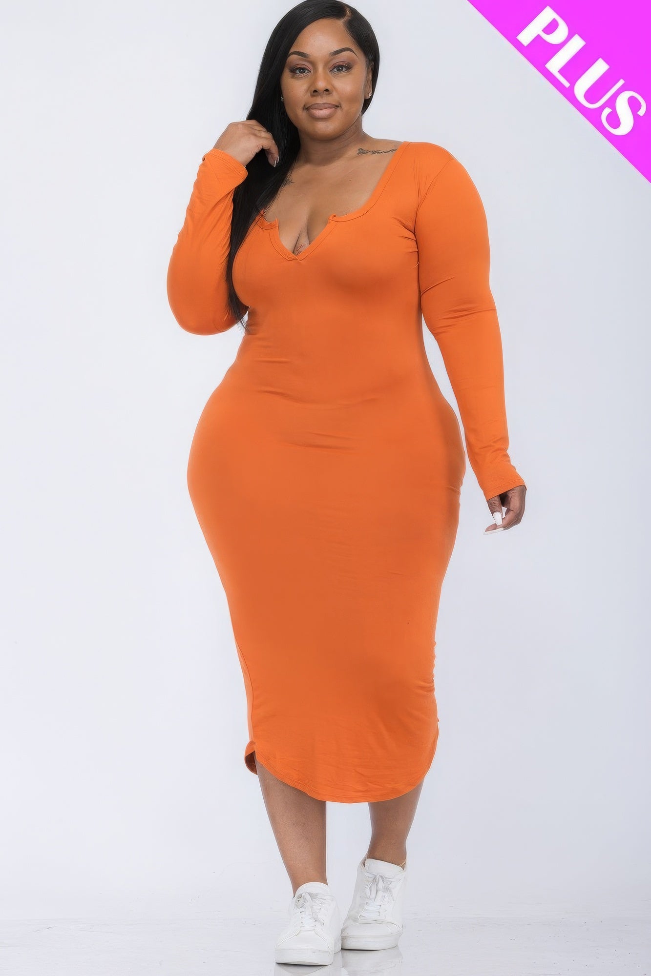 Split Neck Long Sleeve Midi Dress