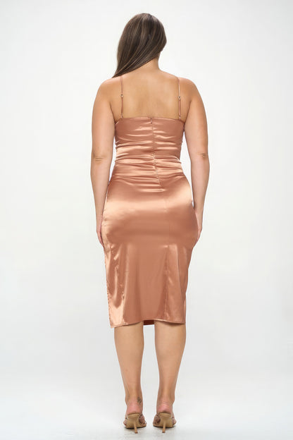 Satin Front Knot Bodycon Midi Dress