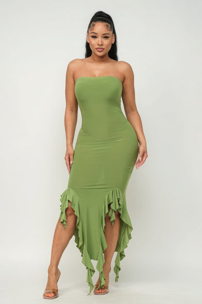 Ruffle Trim Tube Maxi Dress