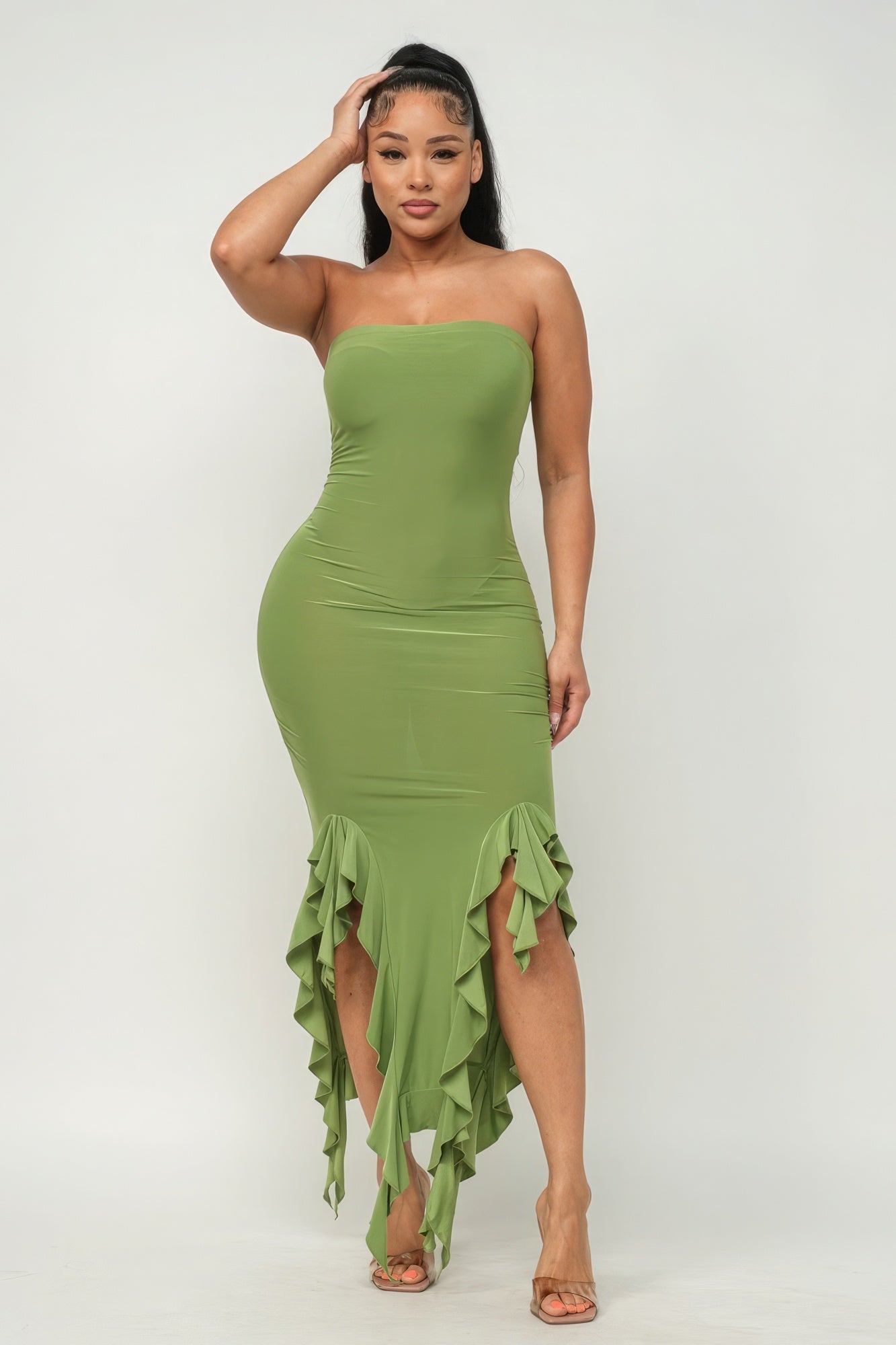 Ruffle Trim Tube Maxi Dress