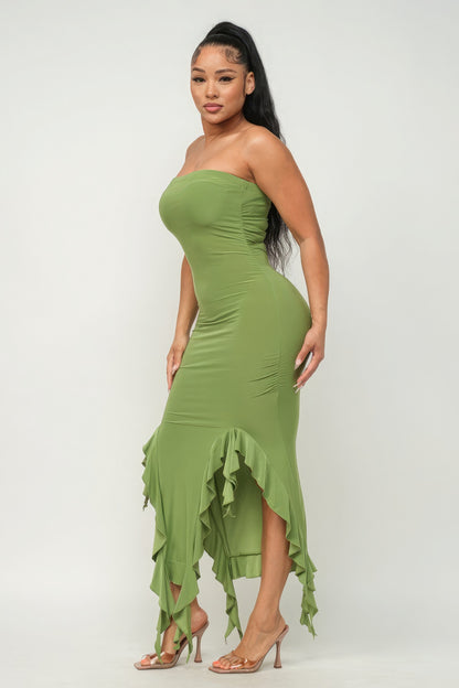 Ruffle Trim Tube Maxi Dress