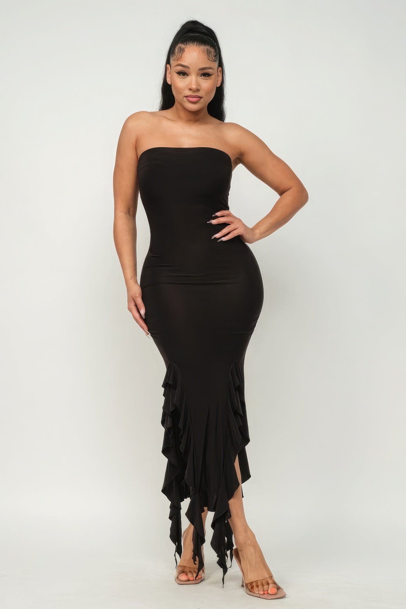 Ruffle Trim Tube Maxi Dress