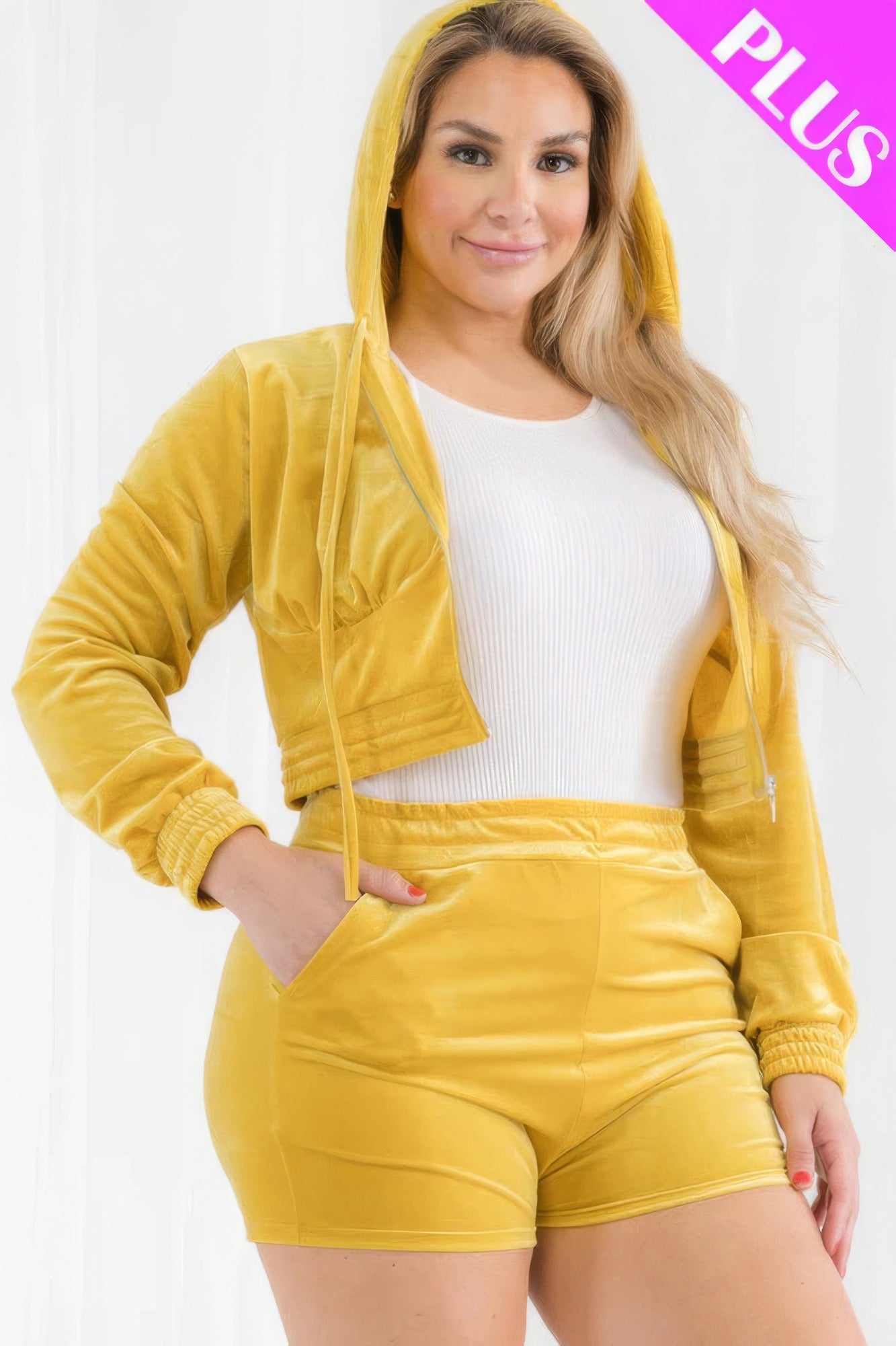 Velour Crop Zip Up Hoodie And Shorts Set