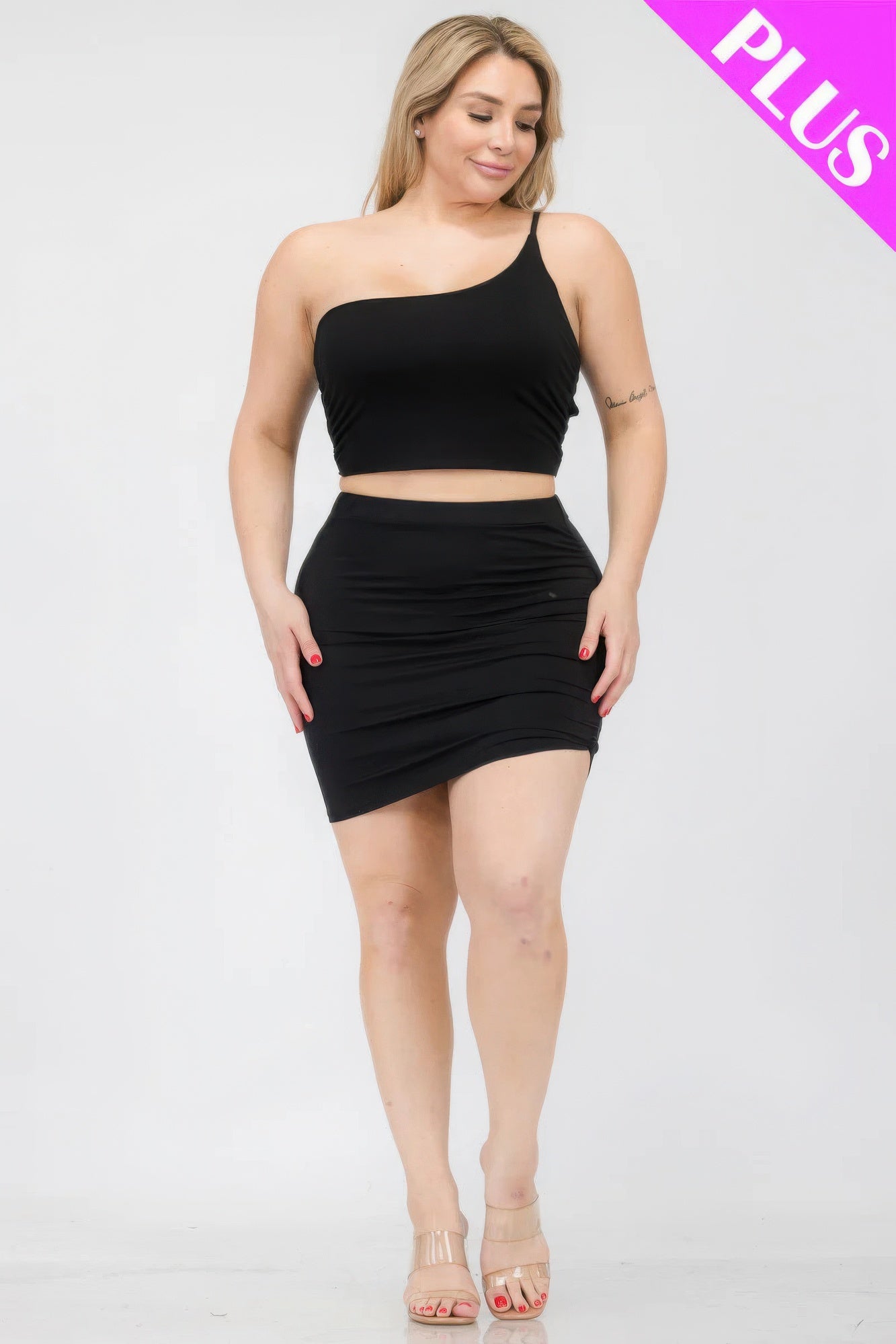 One Shoulder Ruched Crop Top & Mini Skirt Set