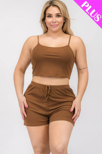 Solid Ribbed Cami Top And Shorts Set