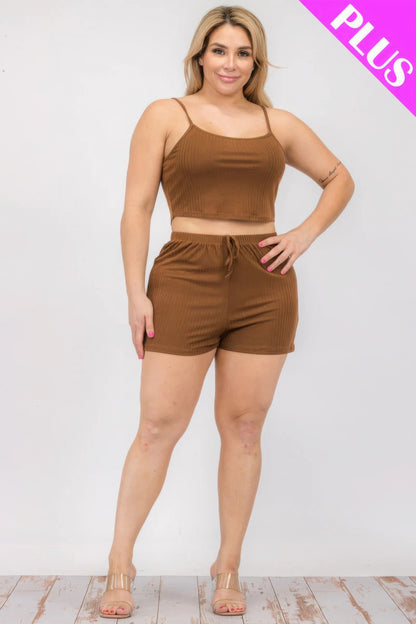 Solid Ribbed Cami Top And Shorts Set