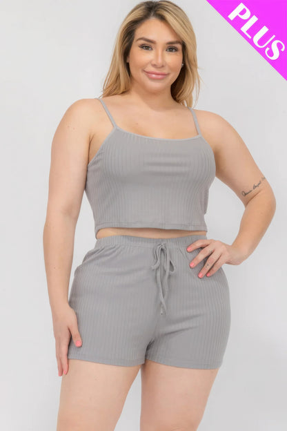 Solid Ribbed Cami Top And Shorts Set