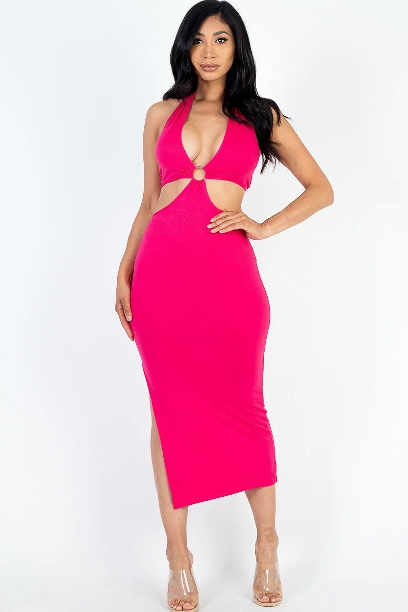 Cut - out Halter Neck Double Back Tie Split Thigh Midi Dress - Cabin 6 Productions