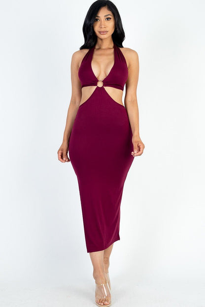 Cut - out Halter Neck Double Back Tie Split Thigh Midi Dress - Cabin 6 Productions