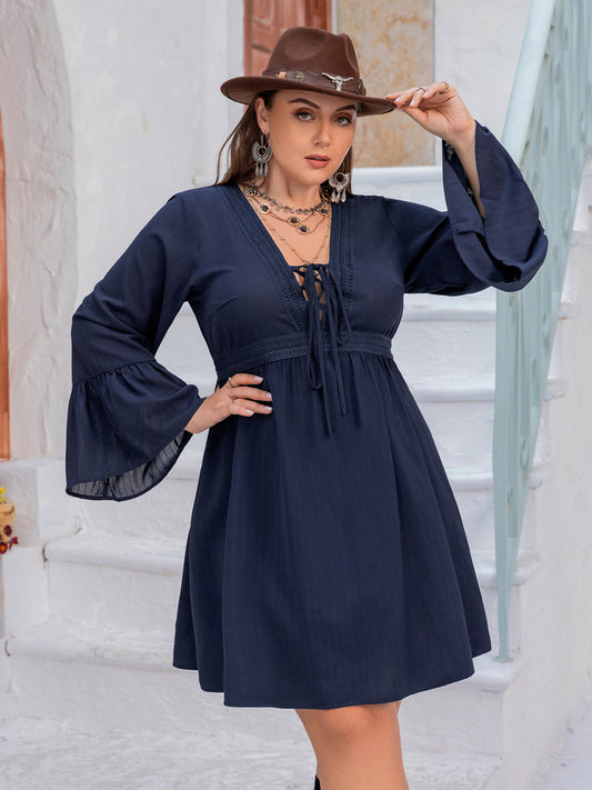 Tie Front V-Neck Flare Sleeve Dress