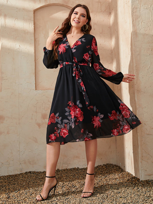 Floral Surplice Neck Tie Waist Dress