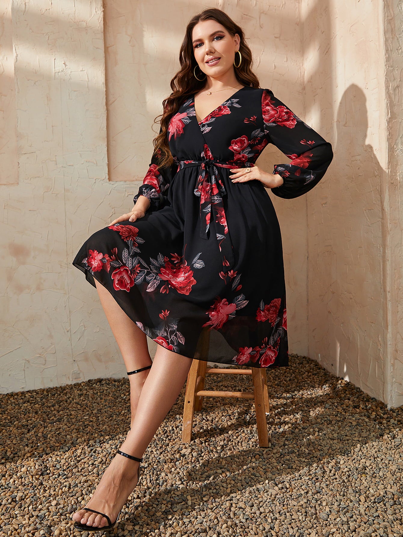 Floral Surplice Neck Tie Waist Dress