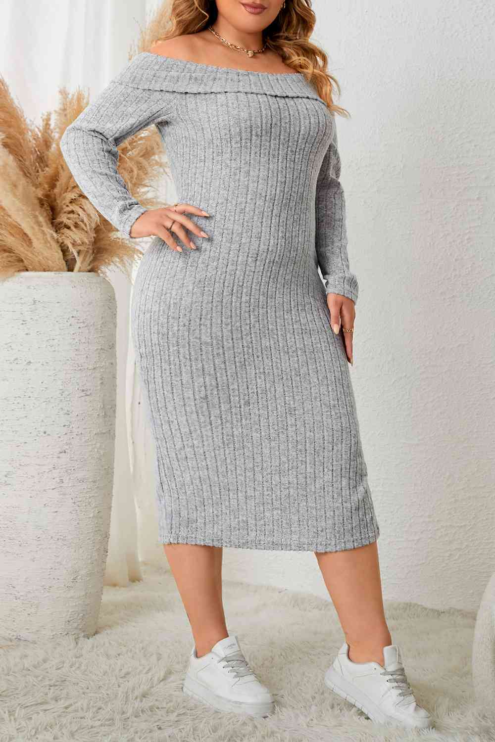 Square Neck Long Sleeve Slit Dress