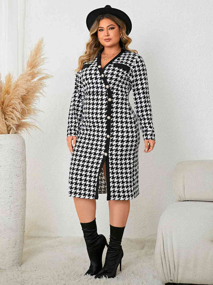 Houndstooth Long Sleeve Slit Dress