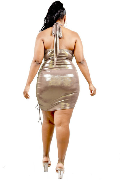 Metallic Cross Wrap Halter Mini Dress