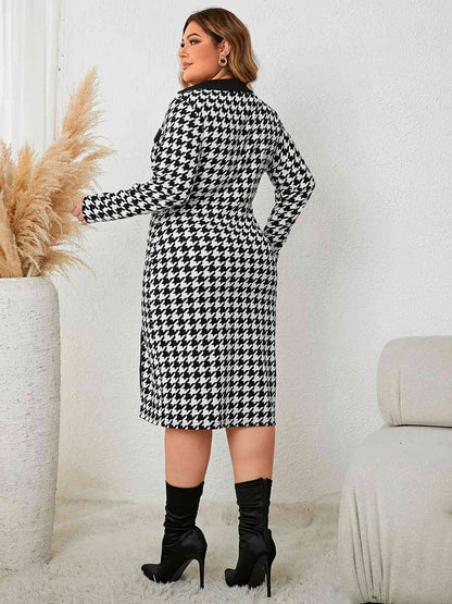 Houndstooth Long Sleeve Slit Dress